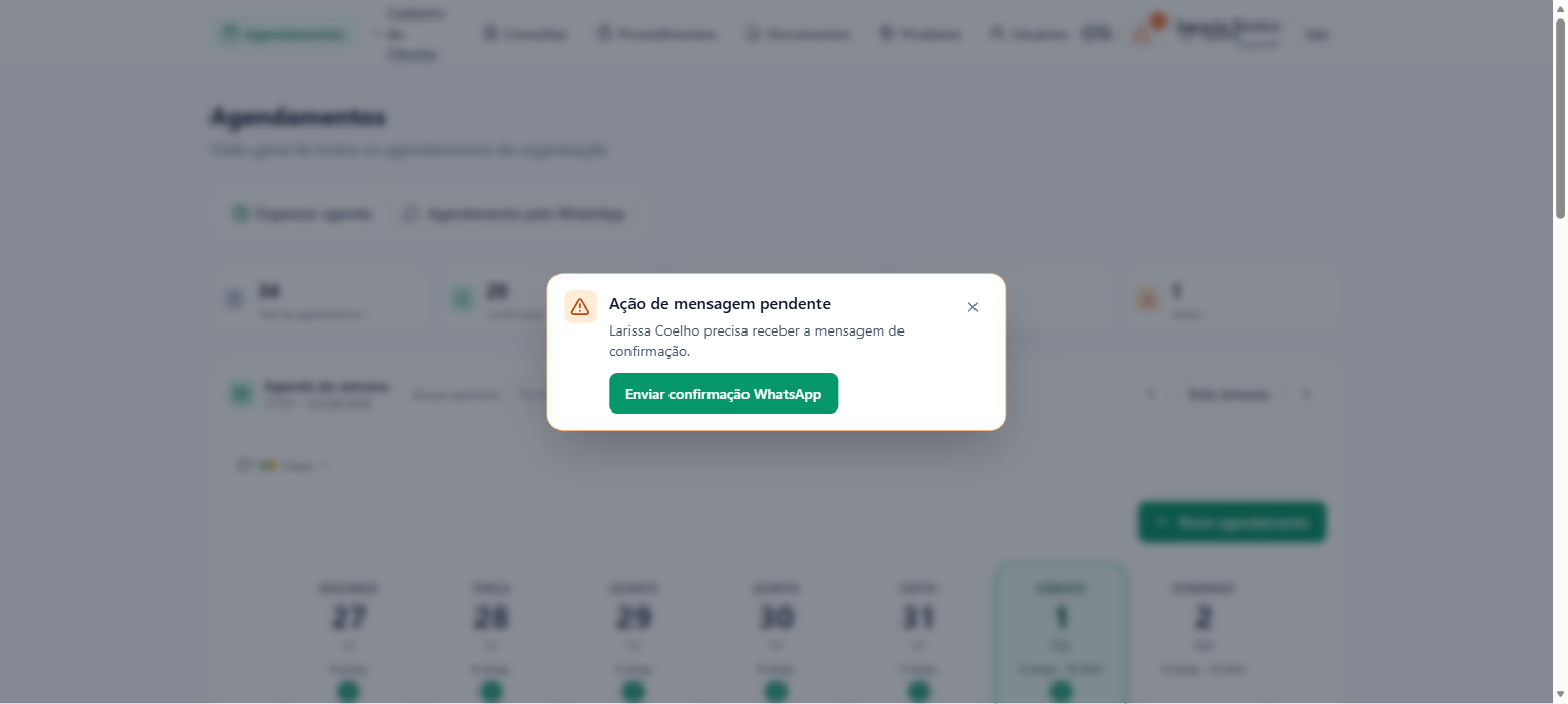 Aviso do sistema para enviar a confirmação ao cliente