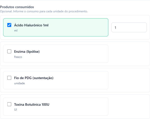 Cadastro de serviço com o produto consumido